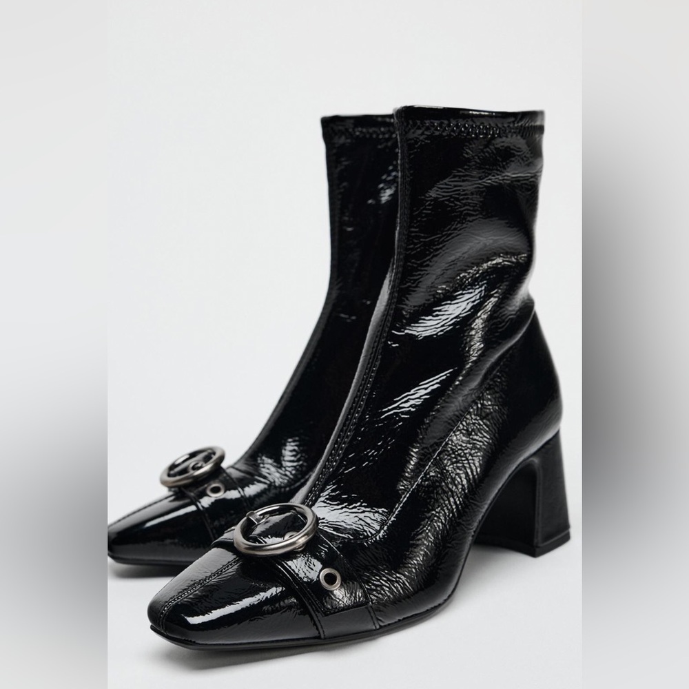 Zara Patent Black Heeled Ankle Boots with Silver Ring Detail Sz 8